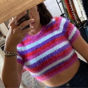 Kimchi Purple & Pink Fuzzy Crop Top Festival Concert short sleeve mini size XS